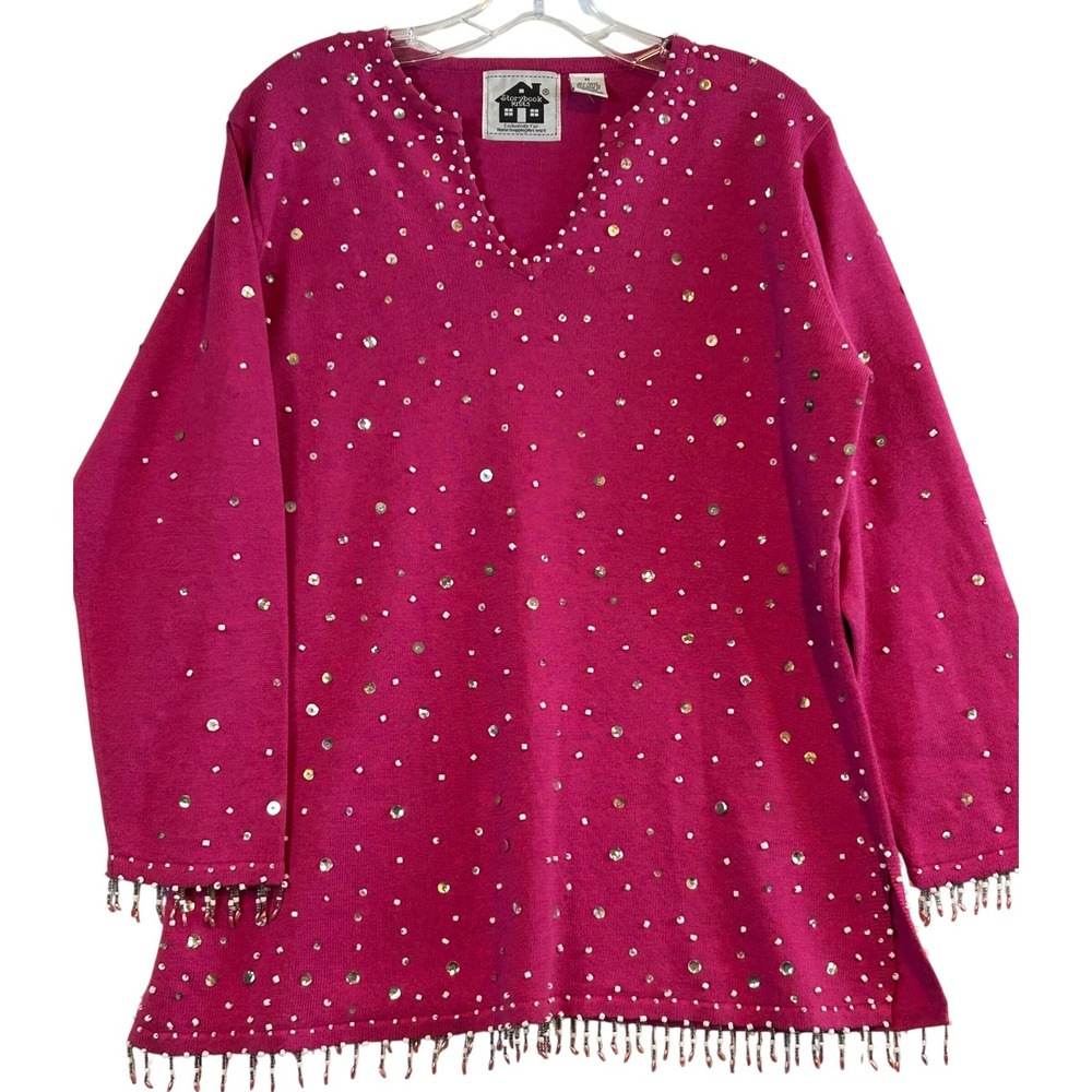 VTG Storybook Knits Fuchsia Pink Beaded Sequin Fringe V-Neck Sweater Women M HSN
